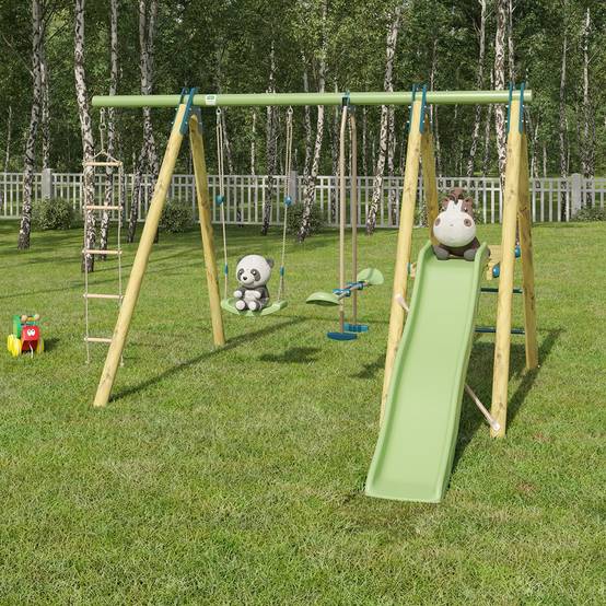 Station de jeux bois poutre métal 1,90 m, 5 enfants, Techwood Premium OREKA 2 - Image 9
