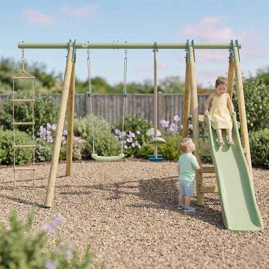 Station de jeux bois poutre métal 1,90 m, 5 enfants, Techwood Premium OREKA 2 - Image 2