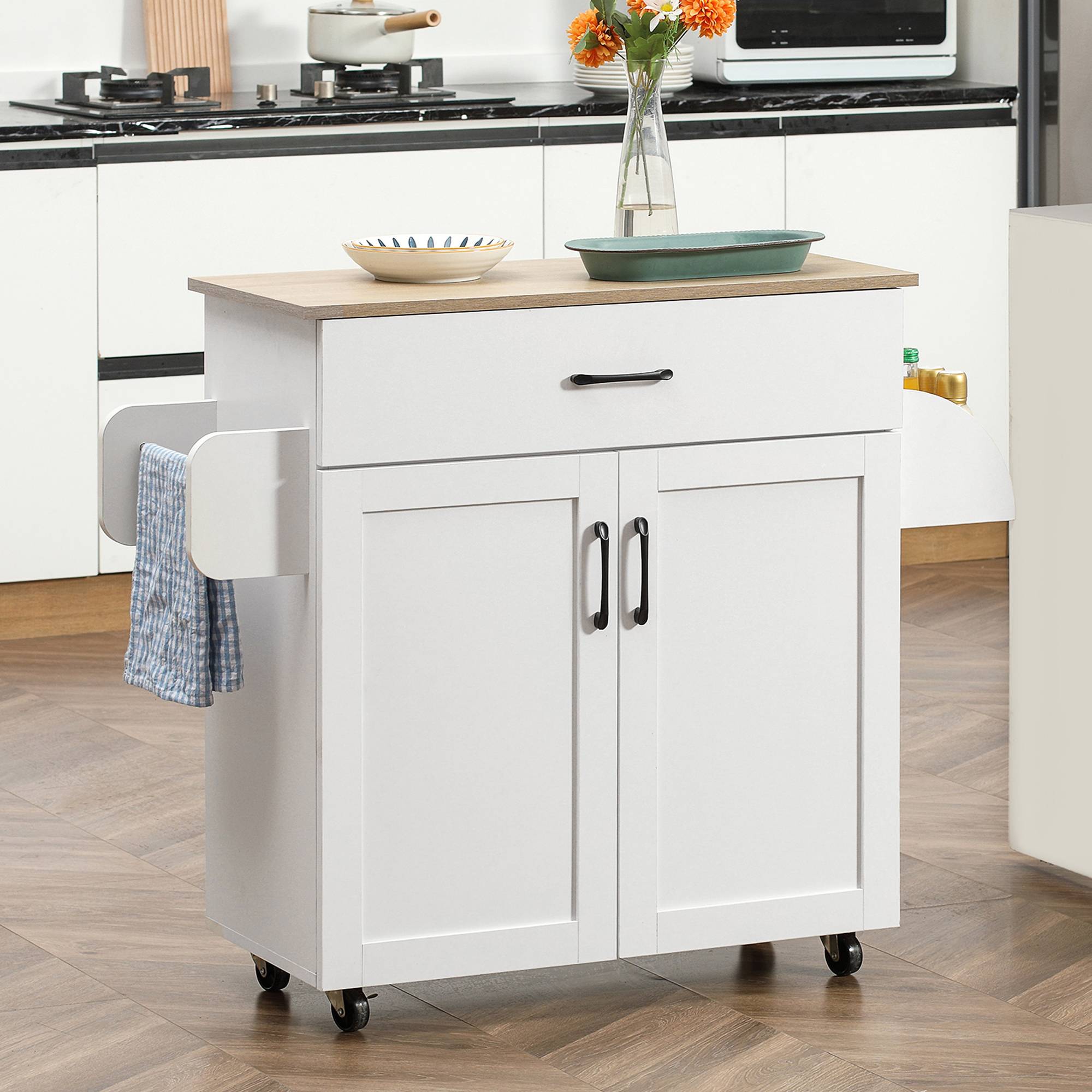 Sans Marque - Dessert îlot cuisine multi-rangements 1 tiroirs 1 placard 2 portes étagère réglable porte-torchons porte-épices bois blanc - Image 3