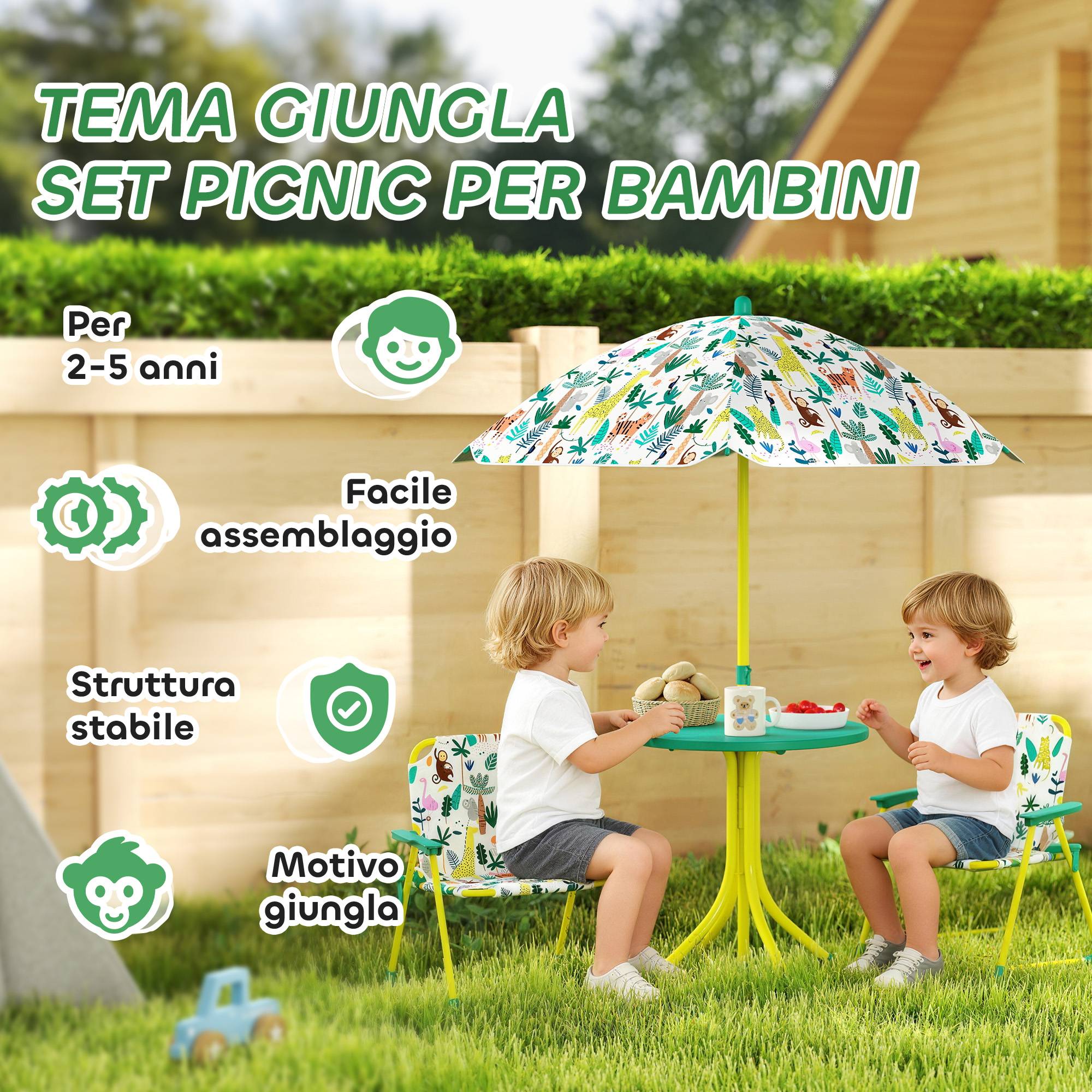 Table pique-nique enfant, ensemble table chaises avec parasol, vert - Image 6