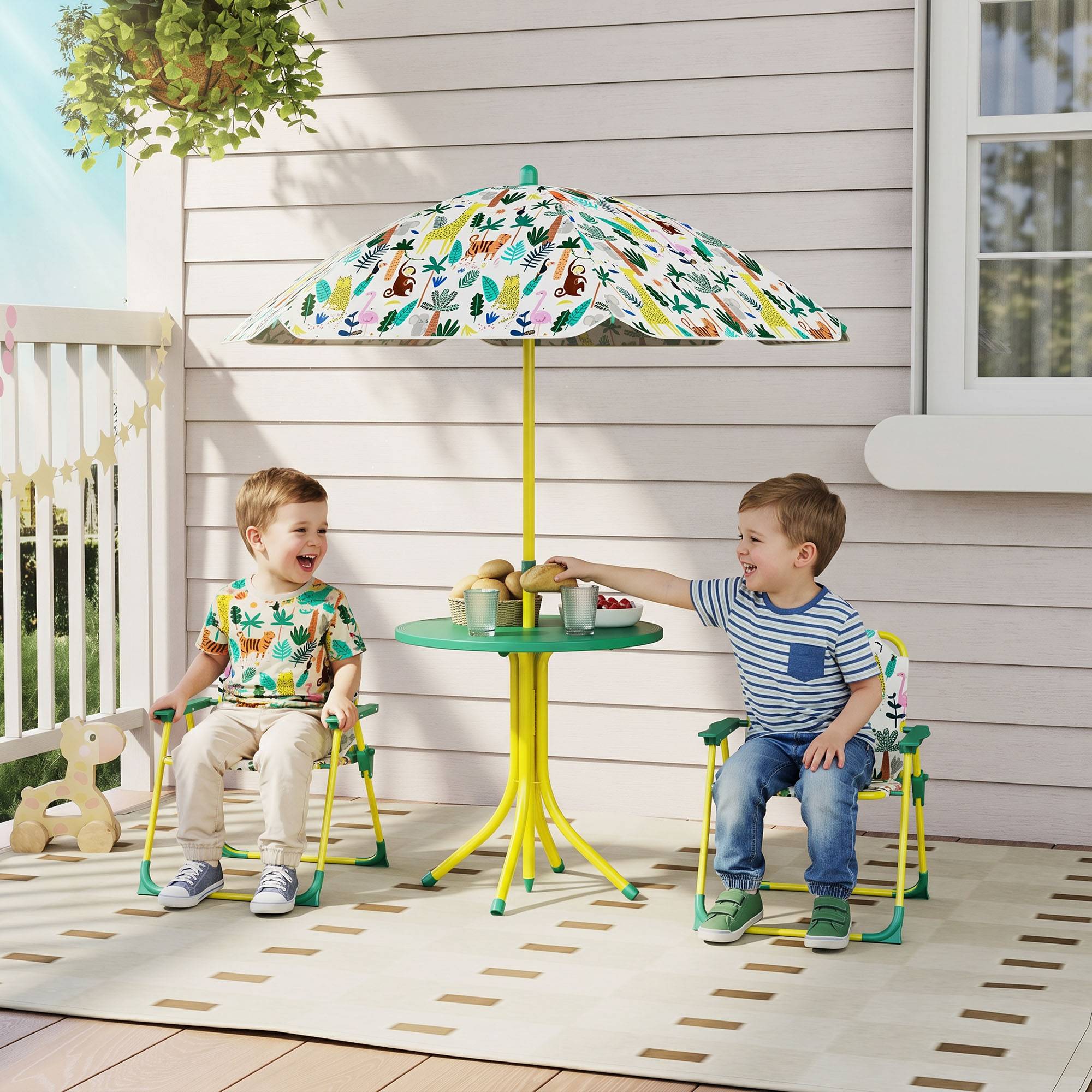 Table pique-nique enfant, ensemble table chaises avec parasol, vert - Image 3