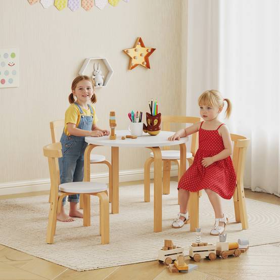 Ensemble table et chaises enfant 3-8 ans 5 pièces bords arrondis bois, blanc - Image 3