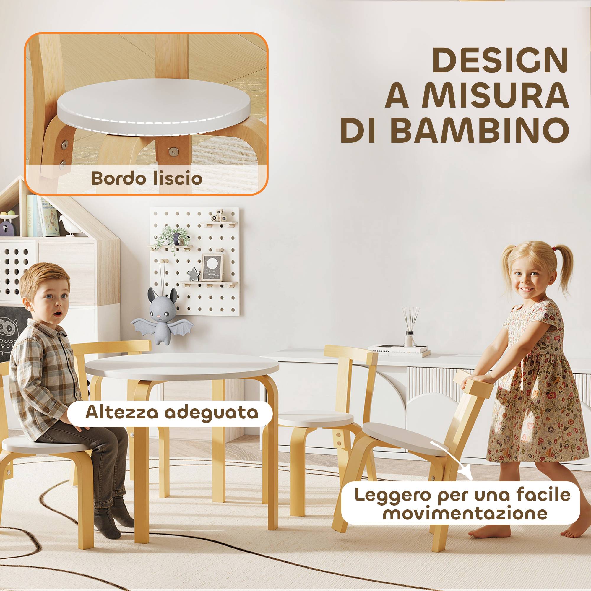 Ensemble table et chaises enfant 3-8 ans 5 pièces bords arrondis bois, blanc - Image 7