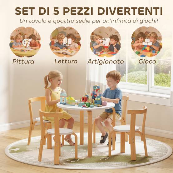 Ensemble table et chaises enfant 3-8 ans 5 pièces bords arrondis bois, blanc - Image 6