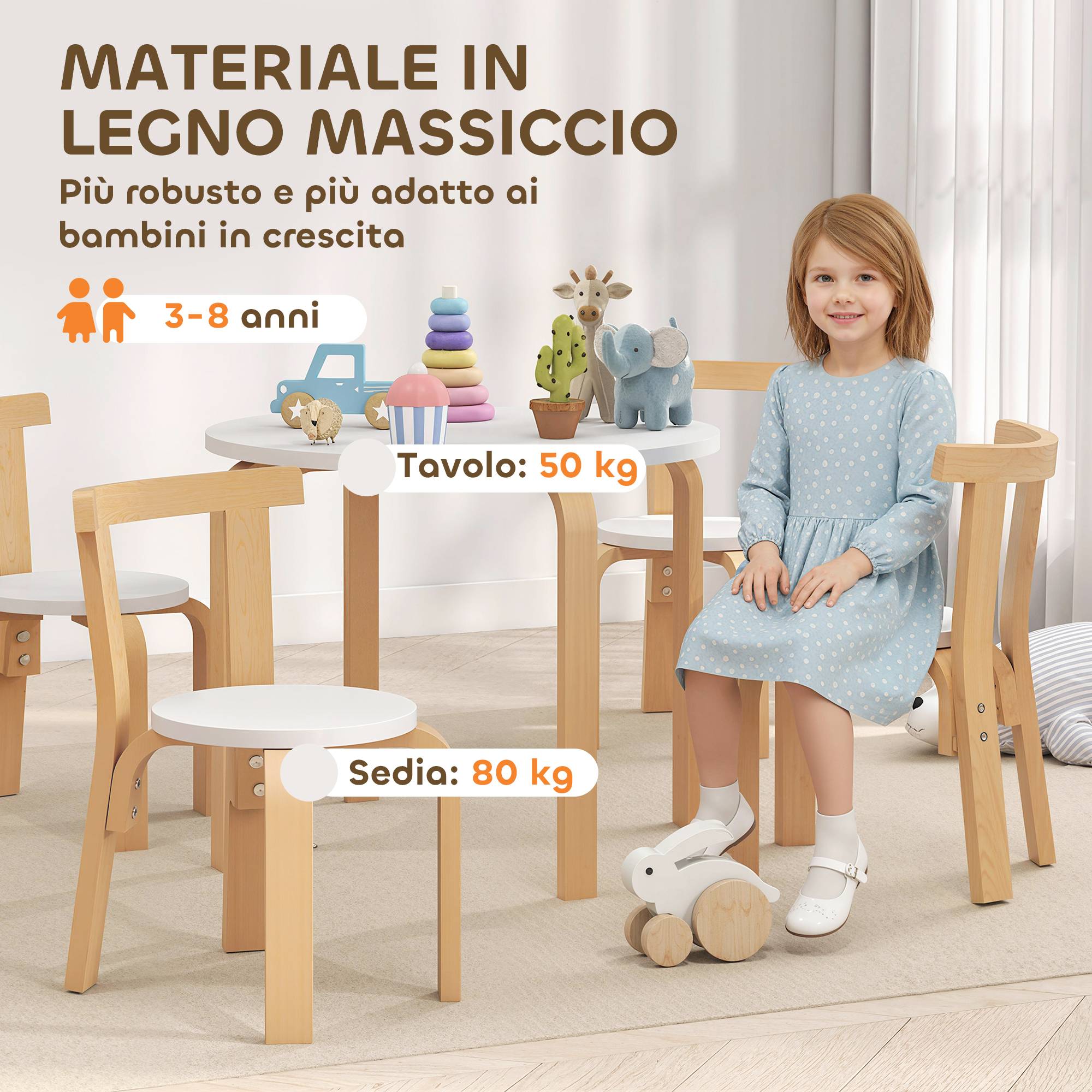 Ensemble table et chaises enfant 3-8 ans 5 pièces bords arrondis bois, blanc - Image 8