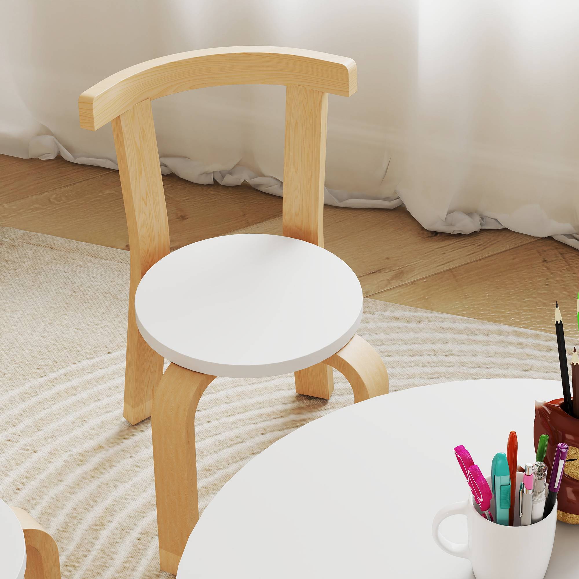Ensemble table et chaises enfant 3-8 ans 5 pièces bords arrondis bois, blanc - Image 10