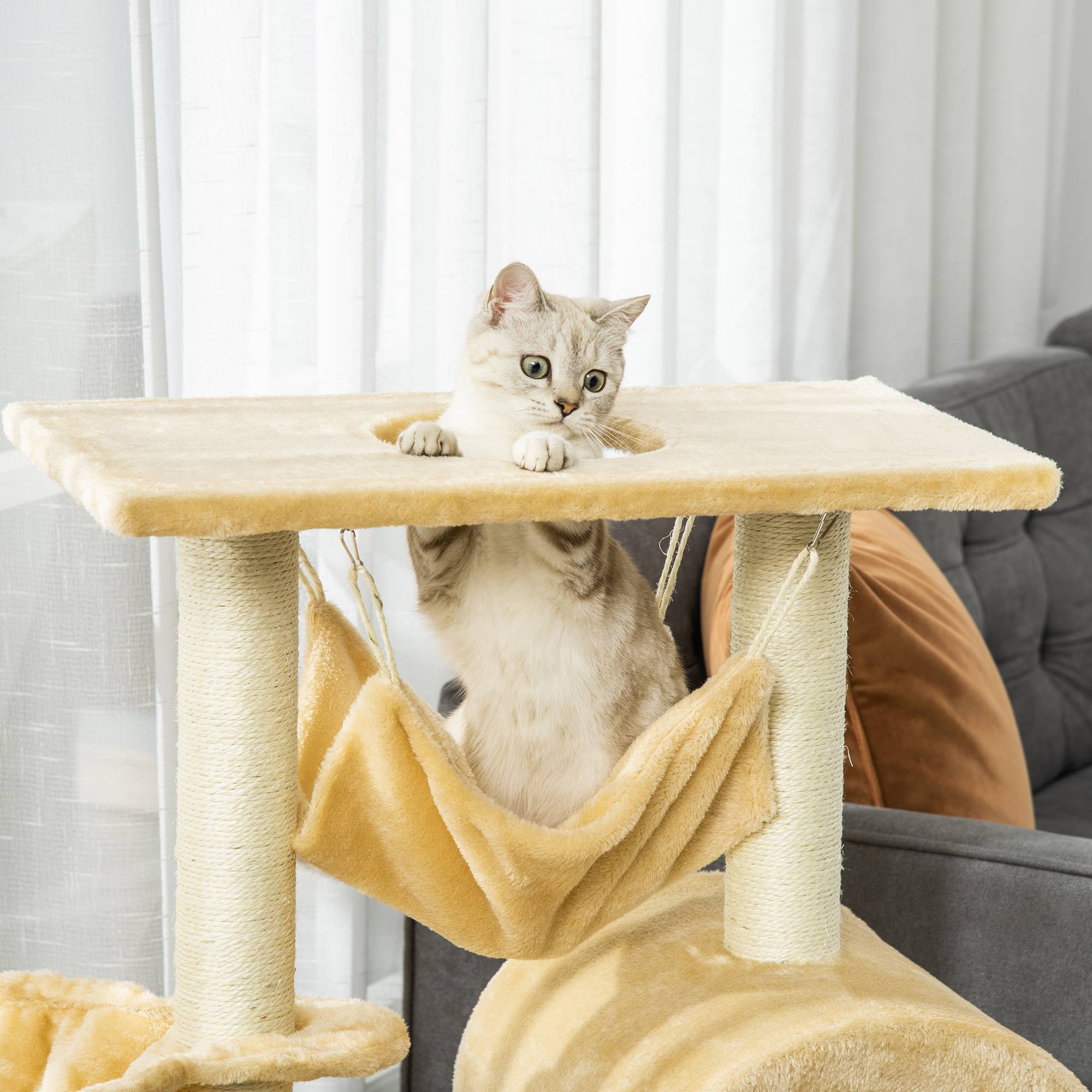 Pawhut - Arbre à chat griffoir arbre à grimper tour de jeu stable à plusieurs niveaux centre d'activités hauteur 98 cm beige - Imagen 7