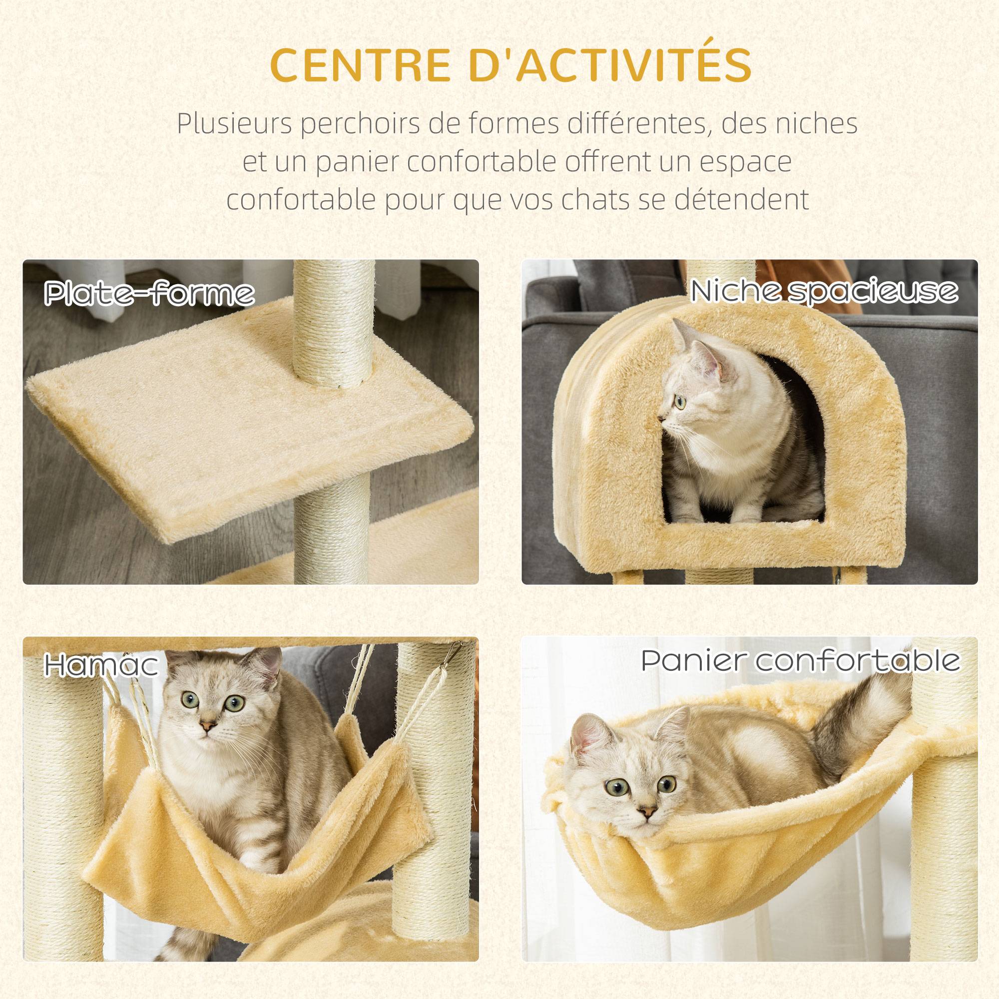 Pawhut - Arbre à chat griffoir arbre à grimper tour de jeu stable à plusieurs niveaux centre d'activités hauteur 98 cm beige - Imagen 5