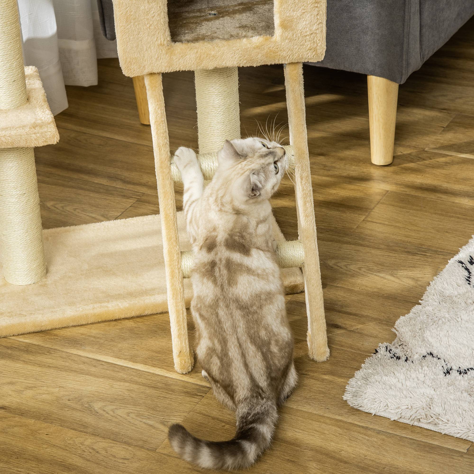 Pawhut - Arbre à chat griffoir arbre à grimper tour de jeu stable à plusieurs niveaux centre d'activités hauteur 98 cm beige - Imagen 8