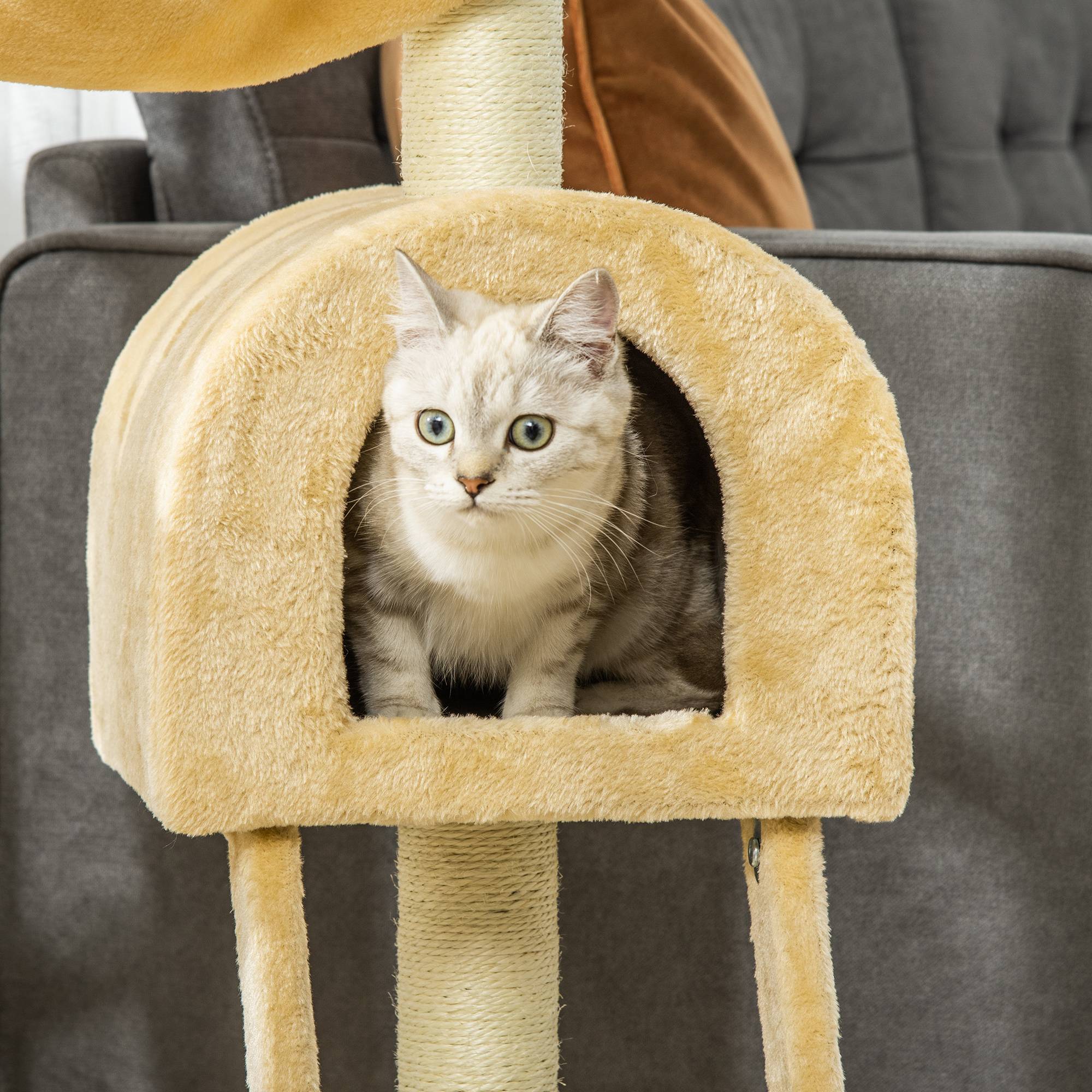 Pawhut - Arbre à chat griffoir arbre à grimper tour de jeu stable à plusieurs niveaux centre d'activités hauteur 98 cm beige - Imagen 9