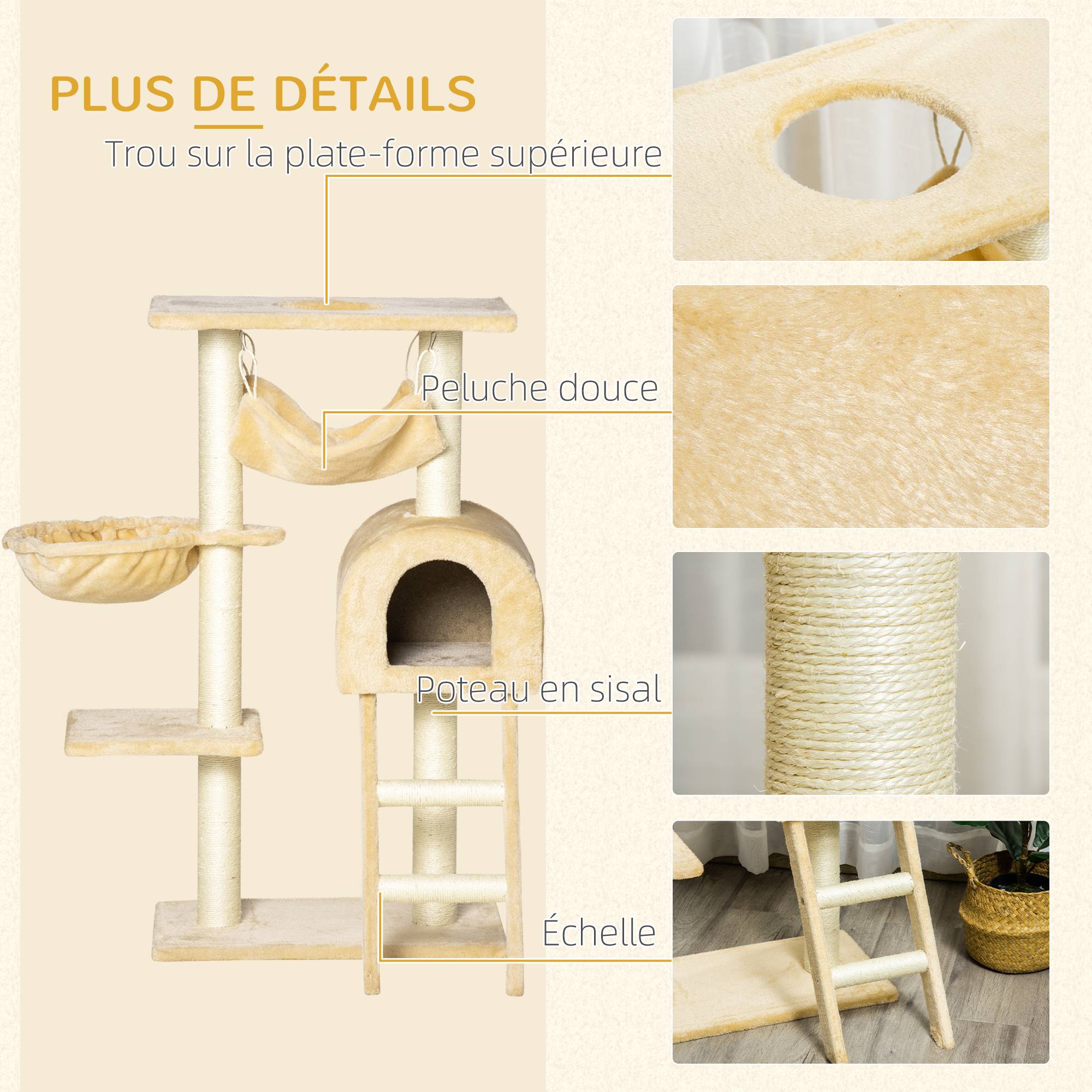 Pawhut - Arbre à chat griffoir arbre à grimper tour de jeu stable à plusieurs niveaux centre d'activités hauteur 98 cm beige - Imagen 6