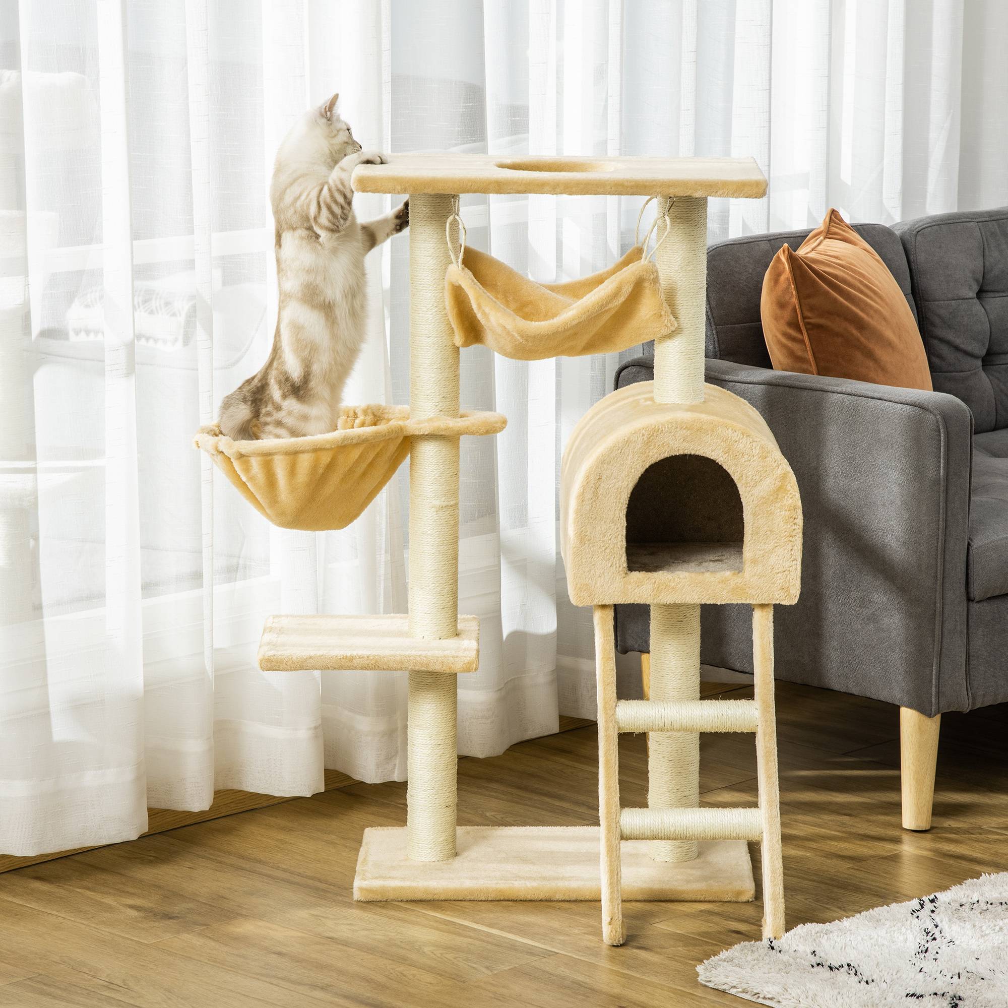 Pawhut - Arbre à chat griffoir arbre à grimper tour de jeu stable à plusieurs niveaux centre d'activités hauteur 98 cm beige - Imagen 2