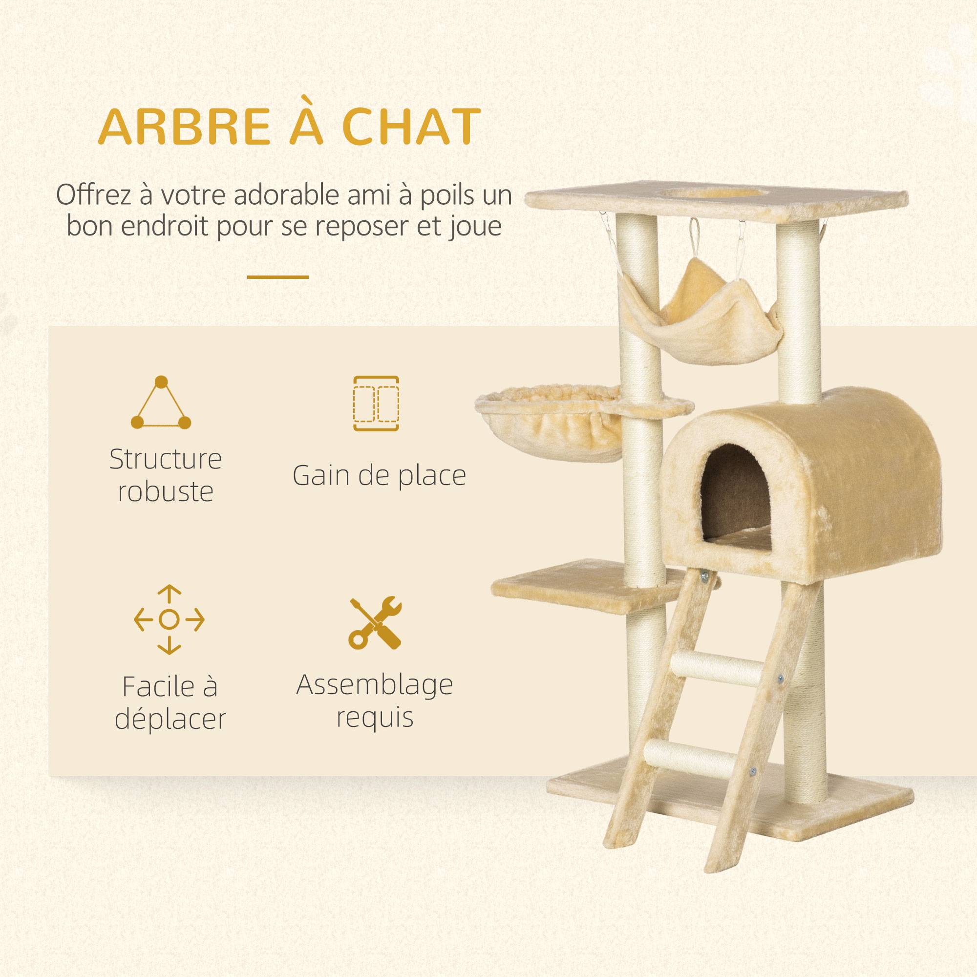 Pawhut - Arbre à chat griffoir arbre à grimper tour de jeu stable à plusieurs niveaux centre d'activités hauteur 98 cm beige - Imagen 4