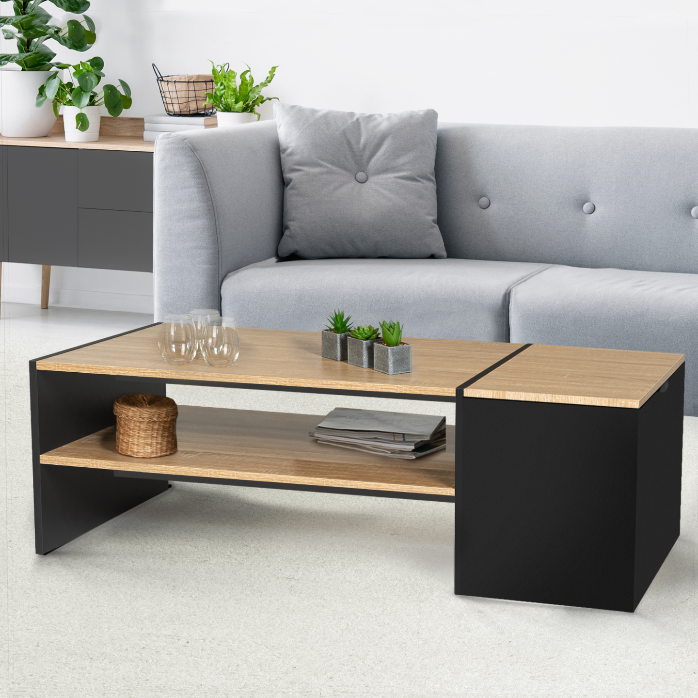Table basse bar contemporaine rectangulaire IZIA avec coffre noir et plateaux bois - Image 4