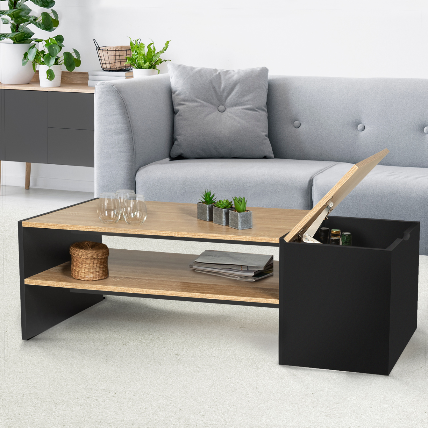 Table basse bar contemporaine rectangulaire IZIA avec coffre noir et plateaux bois - Image 1