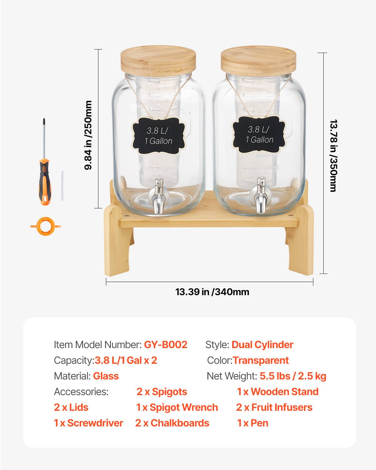 VEVOR Distributeur boissons 3.8L, 2pcs, verre, support, robinet, infuseur, limonade, thé glacé. - Image 7