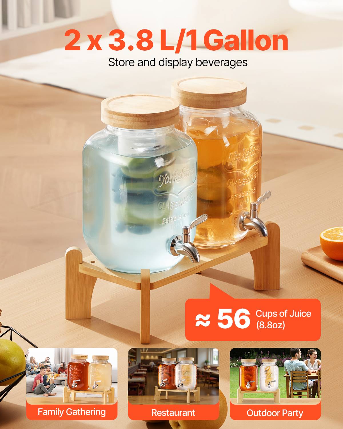 VEVOR Distributeur boissons 3.8L, 2pcs, verre, support, robinet, infuseur, limonade, thé glacé. - Image 2