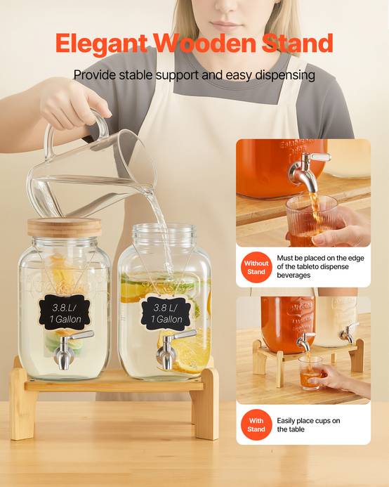 VEVOR Distributeur boissons 3.8L, 2pcs, verre, support, robinet, infuseur, limonade, thé glacé. - Image 5