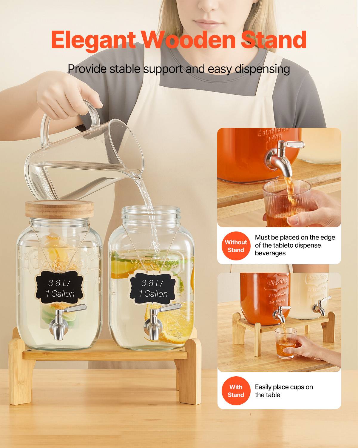 VEVOR Distributeur boissons 3.8L, 2pcs, verre, support, robinet, infuseur, limonade, thé glacé. - Image 5