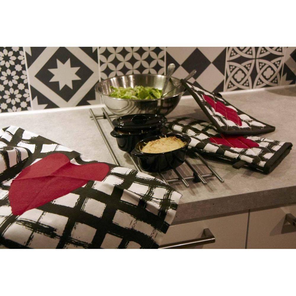 Aubry Gaspard - Torchon de cuisine en coton (Lot de 2) Coeur noir blanc rouge - Imagen 3