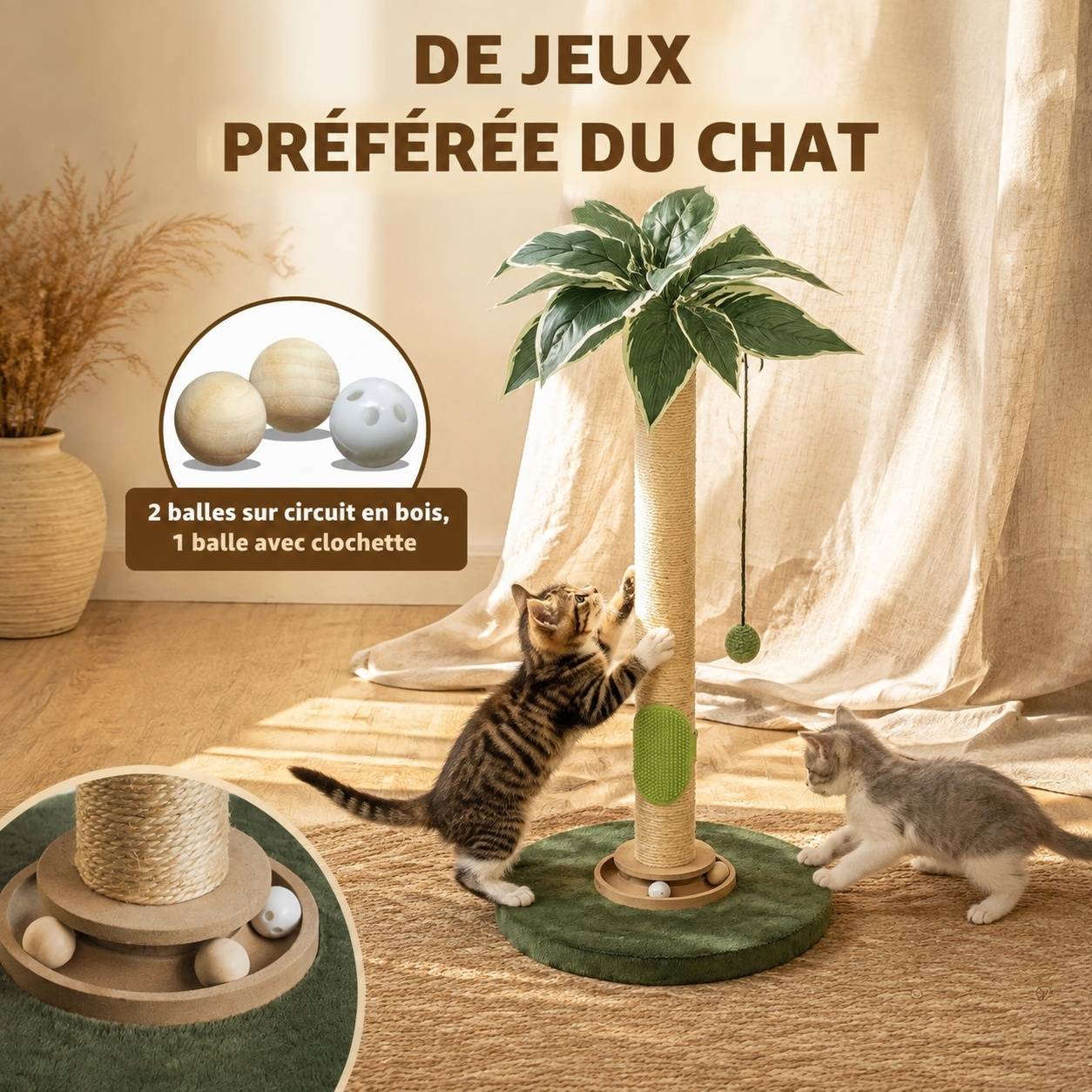 Grattoir Chat Sisal 3 Pistes Balles Brosse Self Grooming Stables - Image 4