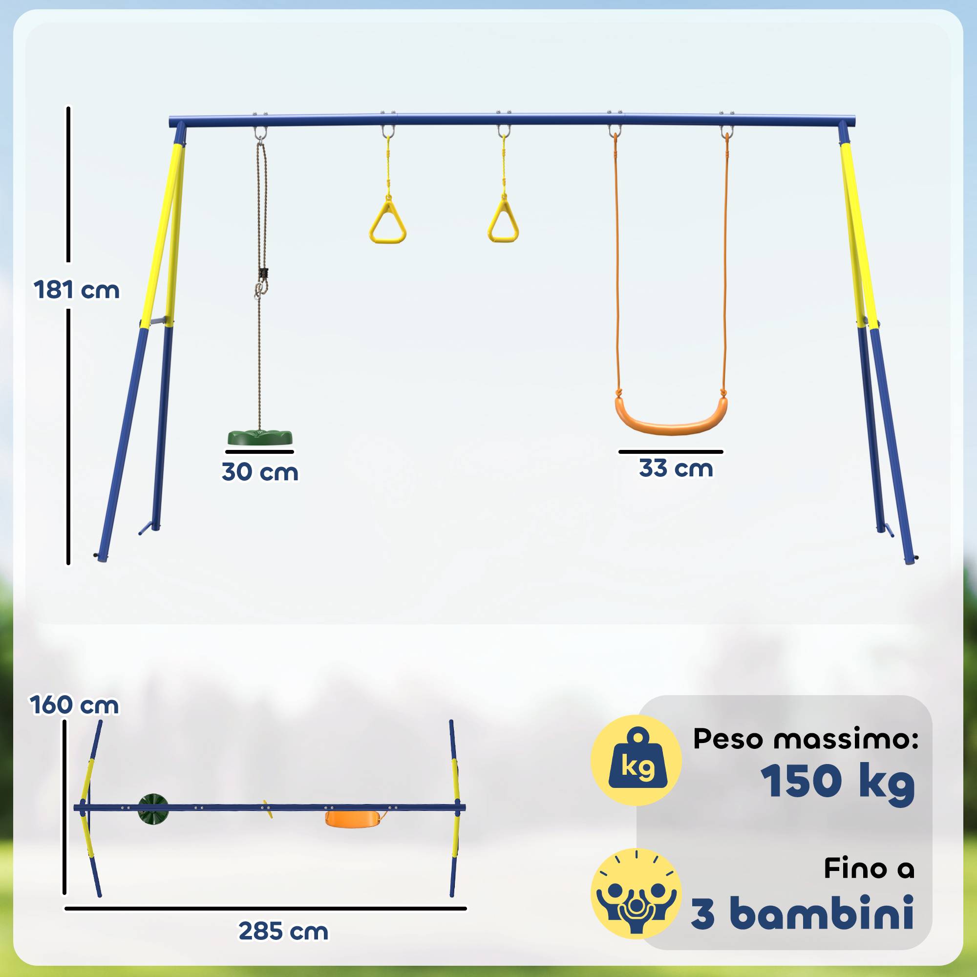 ComfortXL - Portique de balançoire enfant 3 en 1 en métal et PE multicolore 285 x 160 x 181 cm pour jeux de jardin - Image 3