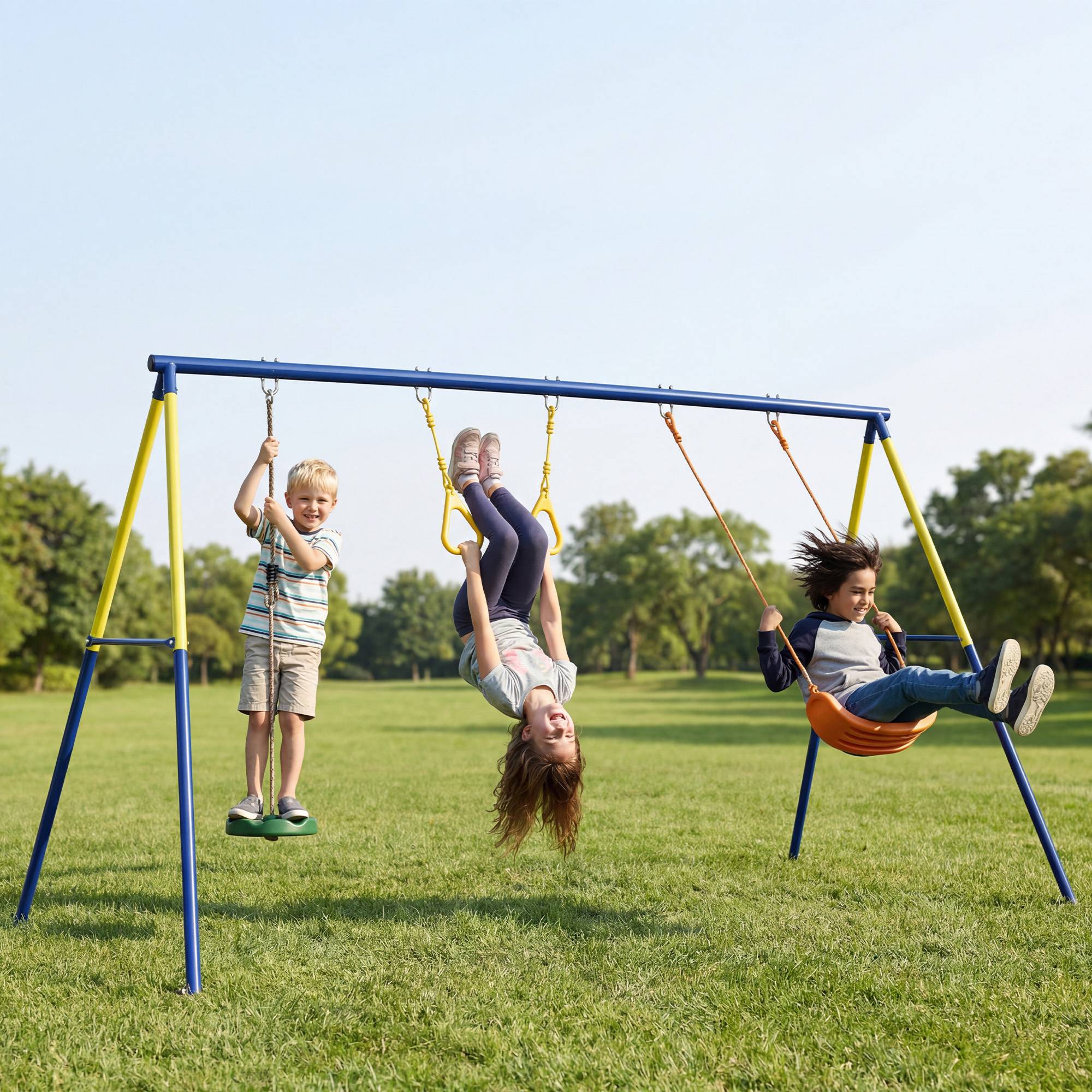 ComfortXL - Portique de balançoire enfant 3 en 1 en métal et PE multicolore 285 x 160 x 181 cm pour jeux de jardin - Image 1