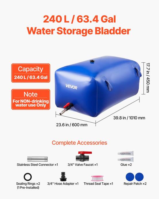 VEVOR Réservoir d'Eau Souple Vessie de Stockage Eau Pliable en PVC 240 L Bleu - Image 2