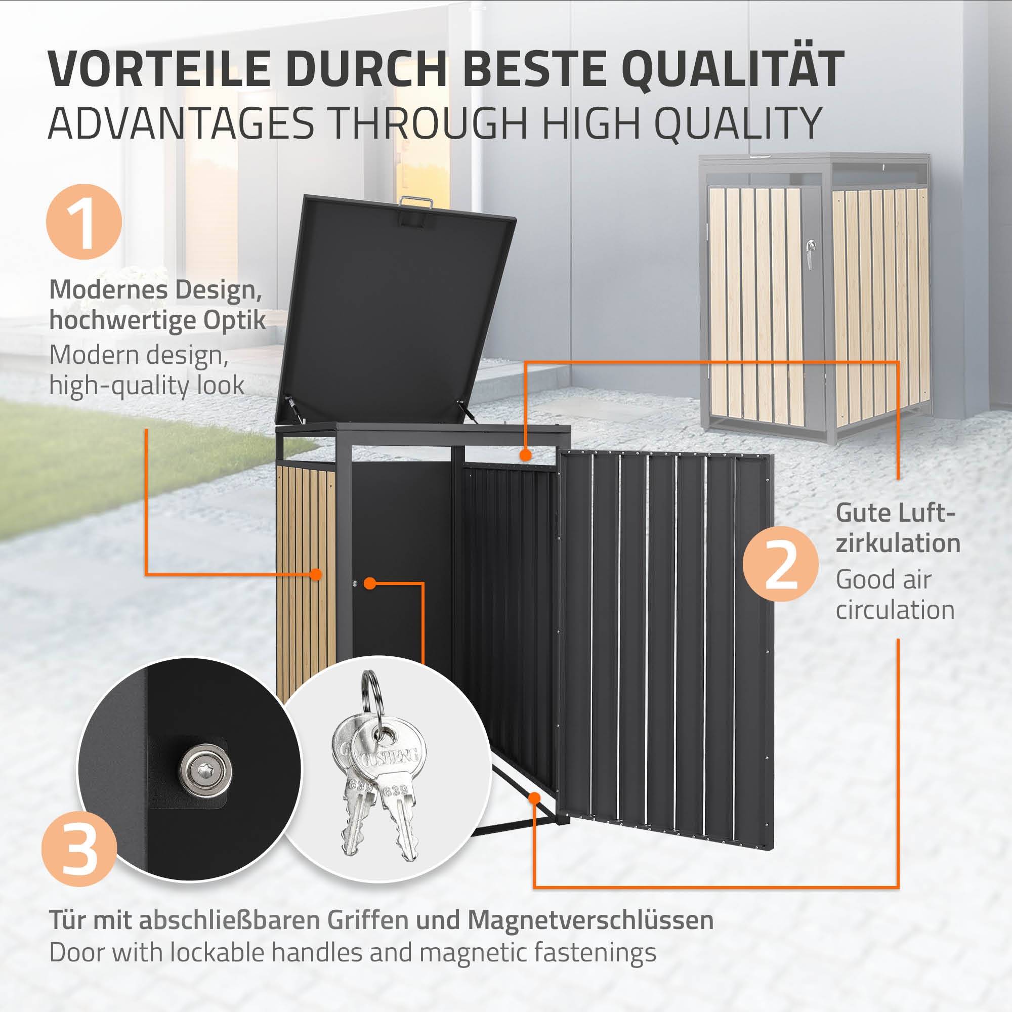 Ml-Design - Abri pour 1 poubelle 68x80x120 cm capacité de 60L à 240L anthracite/aspect mélèze en acier couvercle rabattable/porte résistant aux intempéries - Imagen 3