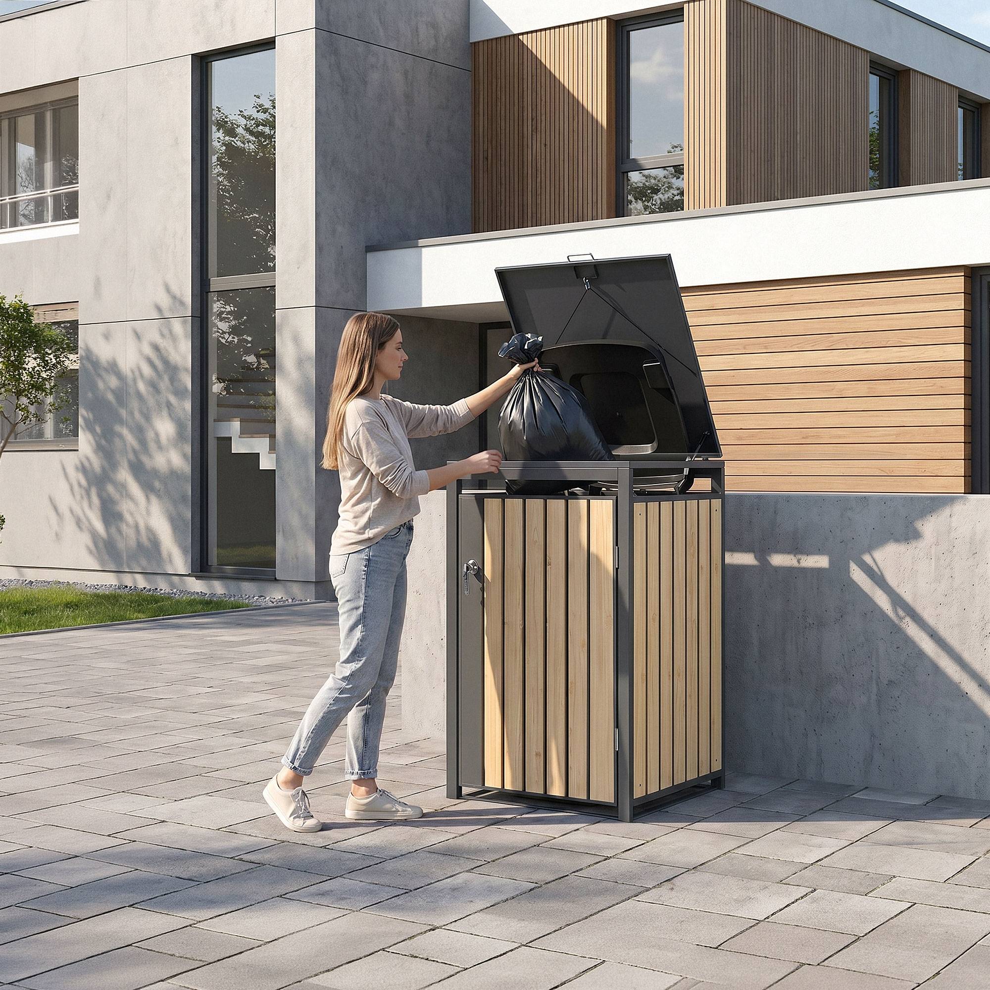 Ml-Design - Abri pour 1 poubelle 68x80x120 cm capacité de 60L à 240L anthracite/aspect mélèze en acier couvercle rabattable/porte résistant aux intempéries - Imagen 10