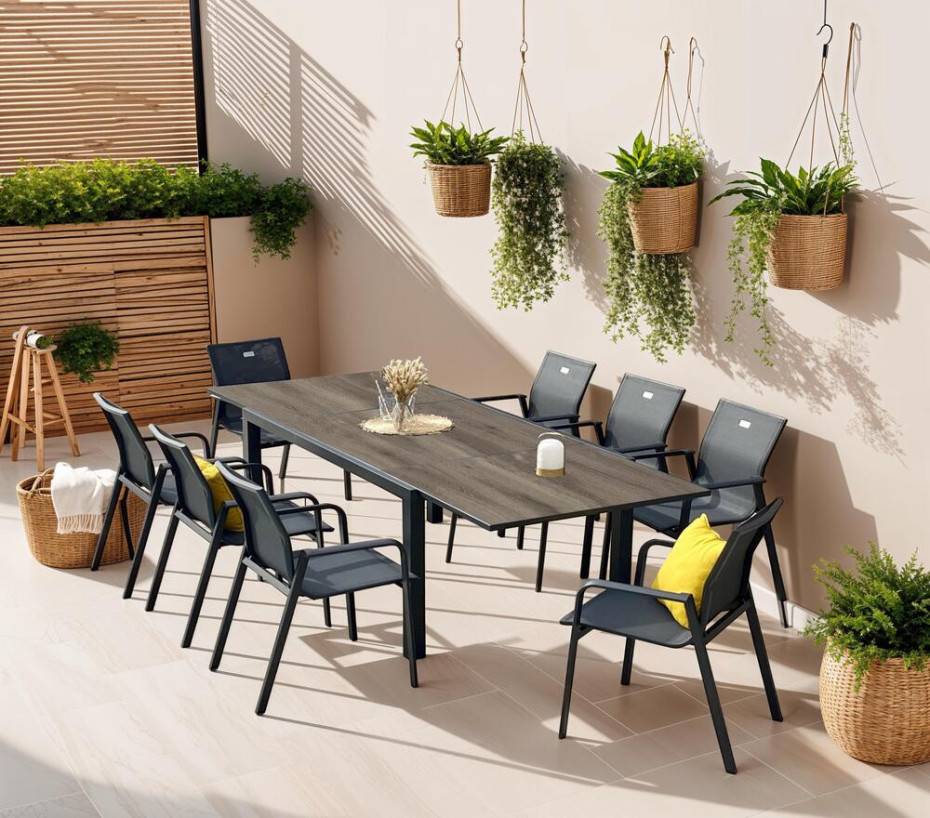 Ensemble table et chaises de jardin  8 places  Gris Anthracite  GUETHARY PSPC chêne brun - Image 1