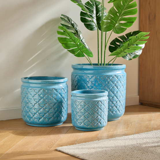 Lot de 3 Pots de Fleurs Céramique Intérieur Extérieur avec Drainage Bleu Antique - ComfortXL Outdoor Living - Image 1