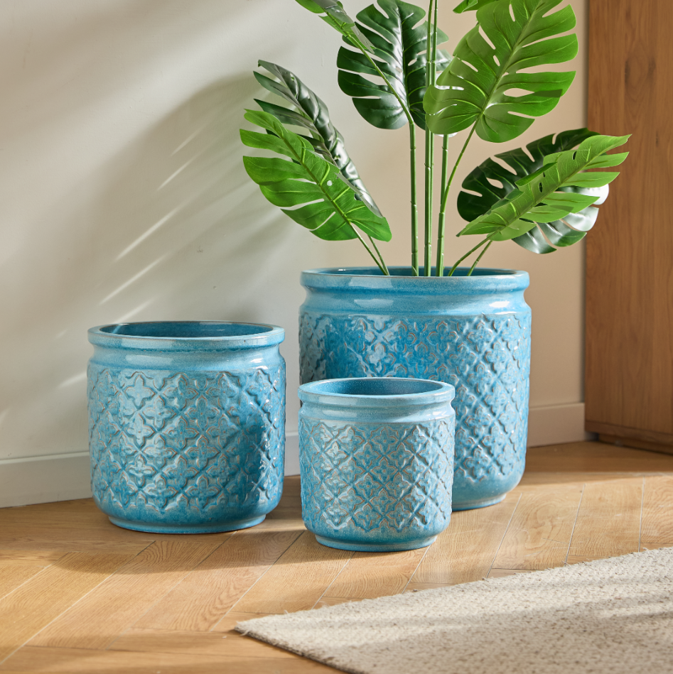 Lot de 3 Pots de Fleurs Céramique Intérieur Extérieur avec Drainage Bleu Antique - ComfortXL Outdoor Living - Image 1