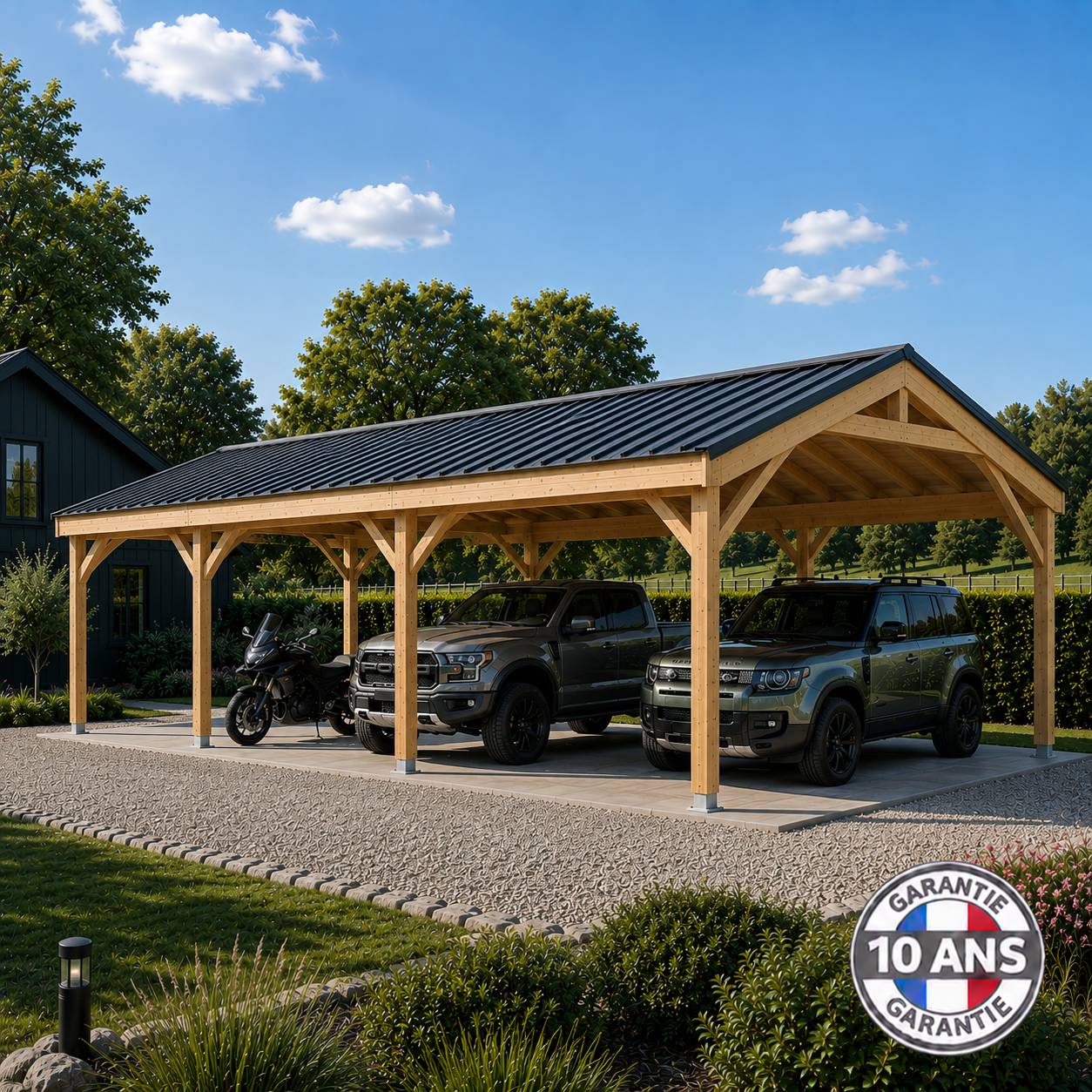 Cpbf Charpentes - Carport bois 2 pentes en bois douglas 36 m², 8 poteaux. Abri voiture extérieur. garantie 10 ans - Image 7