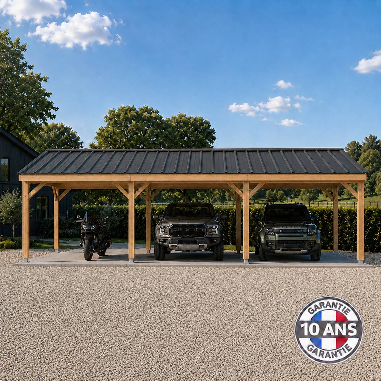 Cpbf Charpentes - Carport bois 2 pentes en bois douglas 36 m², 8 poteaux. Abri voiture extérieur. garantie 10 ans