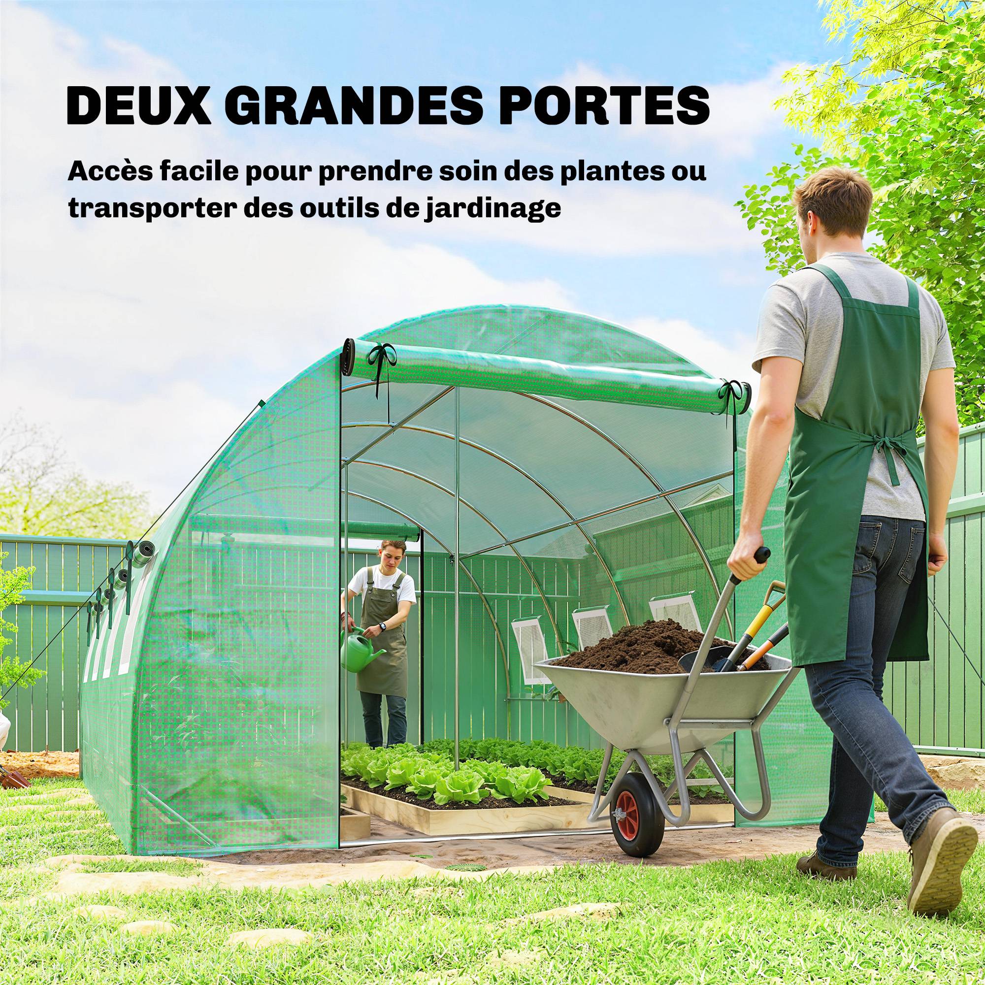 Serre tunnel de jardin 12m², serre de jardin tunnel 295x400x200cm 2 portes et 8 fenêtres bâche PE 140 g/m² vert - Image 8