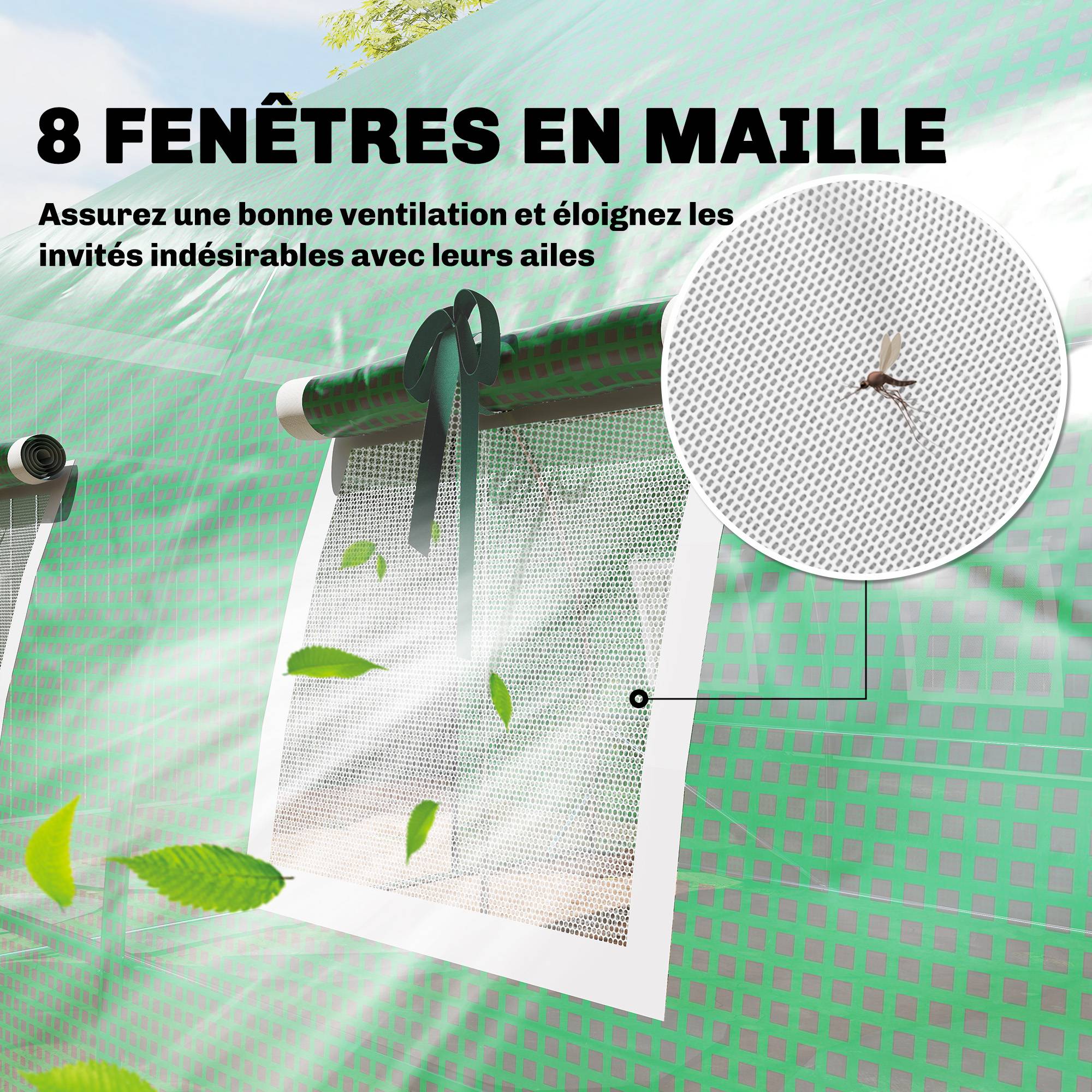 Serre tunnel de jardin 12m², serre de jardin tunnel 295x400x200cm 2 portes et 8 fenêtres bâche PE 140 g/m² vert - Image 9