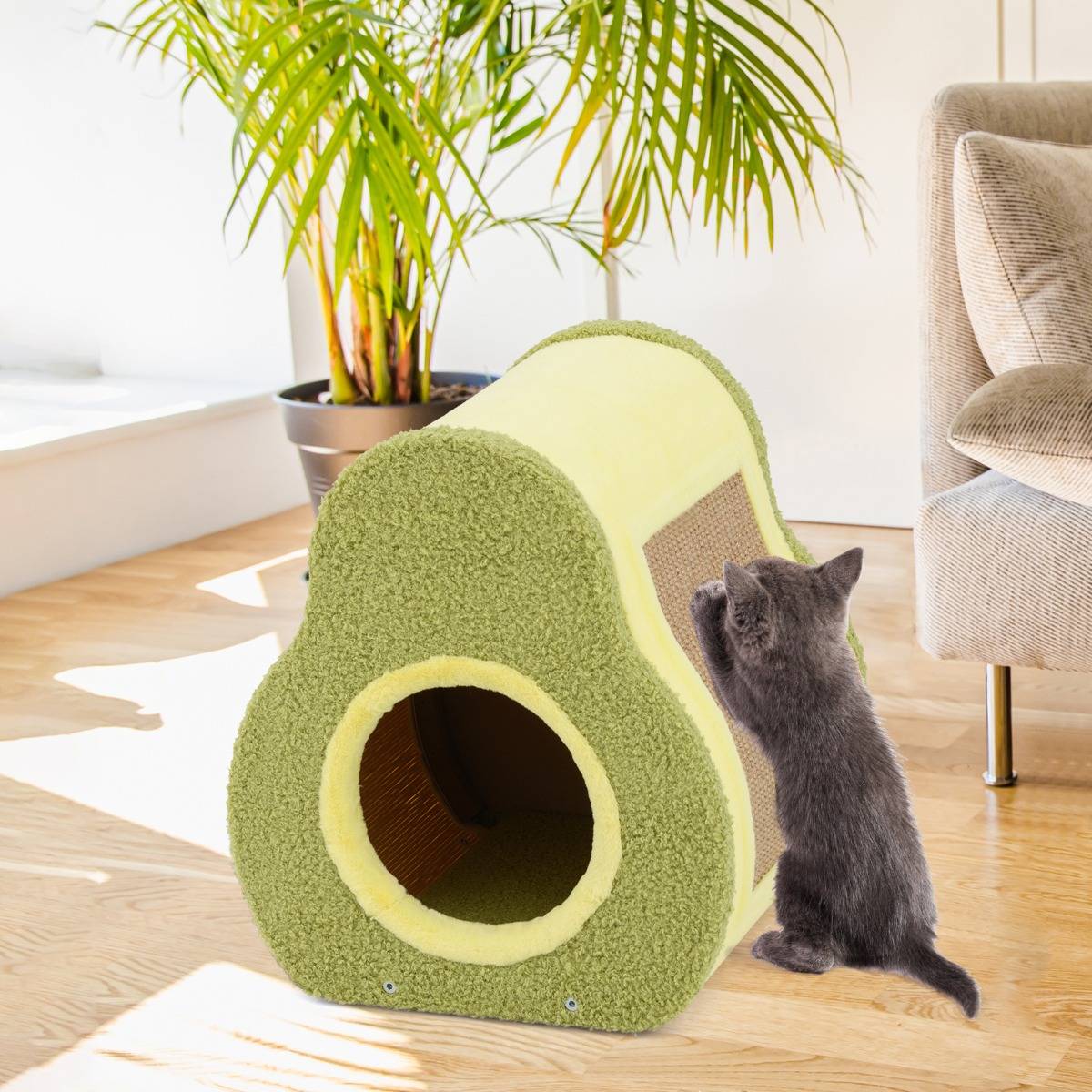 Maison pour Chat en Forme d'Avocat Abri Mignon avec Griffoir en Jute Trou Rond pour Chat Condo Compact avec Griffoir 35 x 33 x 40 cm Vert - Image 3