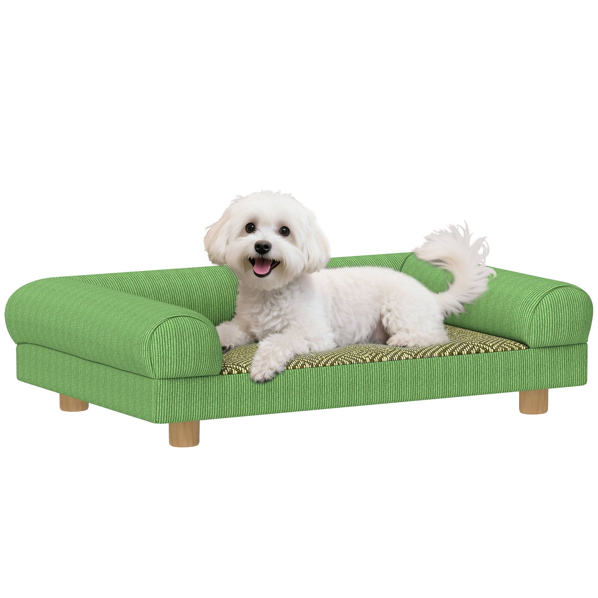 Canapé pour chien chat lit pour chien surélevé, assise de tapis frais, accoudoirs, en velours doux 63 x 41 x 17 cm, vert