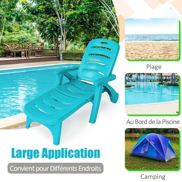 Helloshop26 - Chaise longue pliable dossier inclinable à 5 positions avec roues intégrées pour terrasse jardin piscine 150 kg bleu - Imagen 7