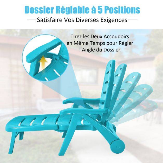 Helloshop26 - Chaise longue pliable dossier inclinable à 5 positions avec roues intégrées pour terrasse jardin piscine 150 kg bleu - Imagen 4