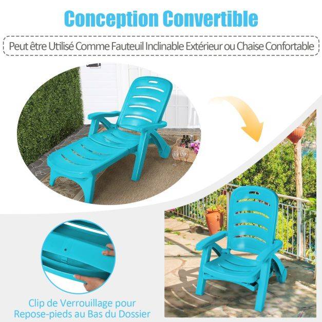 Helloshop26 - Chaise longue pliable dossier inclinable à 5 positions avec roues intégrées pour terrasse jardin piscine 150 kg bleu - Imagen 5