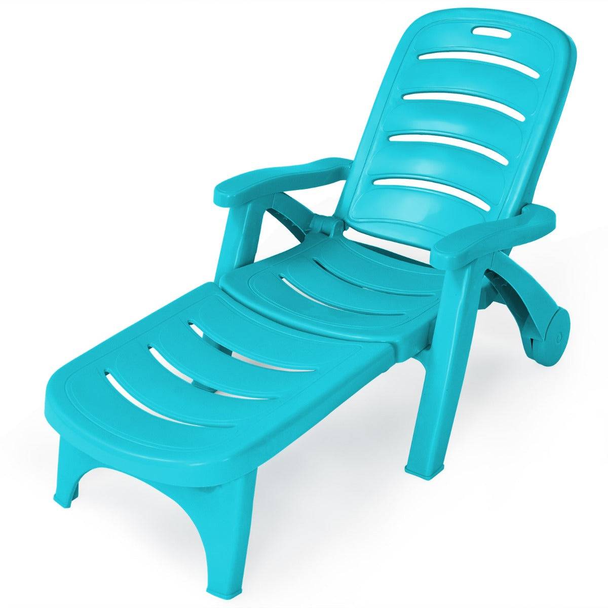 Helloshop26 - Chaise longue pliable dossier inclinable à 5 positions avec roues intégrées pour terrasse jardin piscine 150 kg bleu - Imagen 1