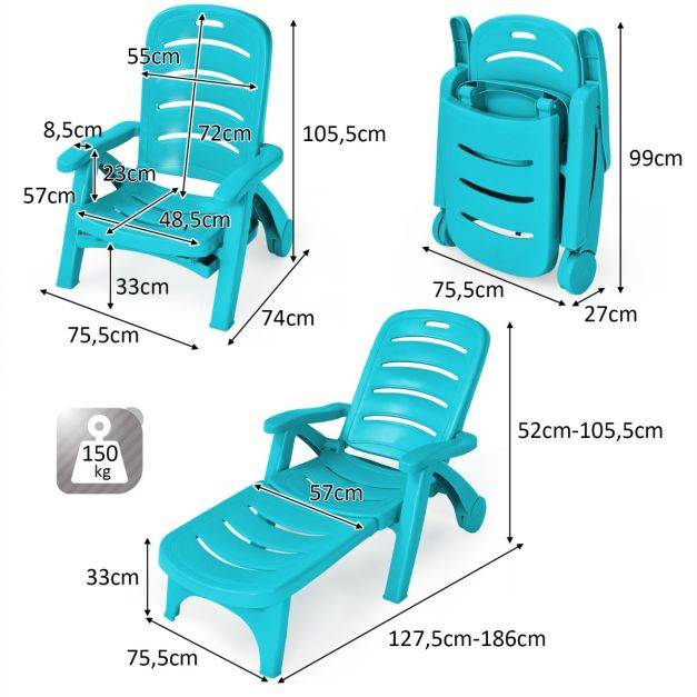 Helloshop26 - Chaise longue pliable dossier inclinable à 5 positions avec roues intégrées pour terrasse jardin piscine 150 kg bleu - Imagen 8