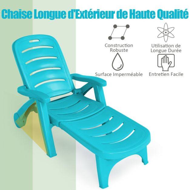 Helloshop26 - Chaise longue pliable dossier inclinable à 5 positions avec roues intégrées pour terrasse jardin piscine 150 kg bleu - Imagen 6