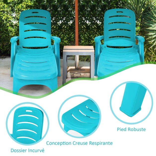 Helloshop26 - Chaise longue pliable dossier inclinable à 5 positions avec roues intégrées pour terrasse jardin piscine 150 kg bleu - Imagen 2
