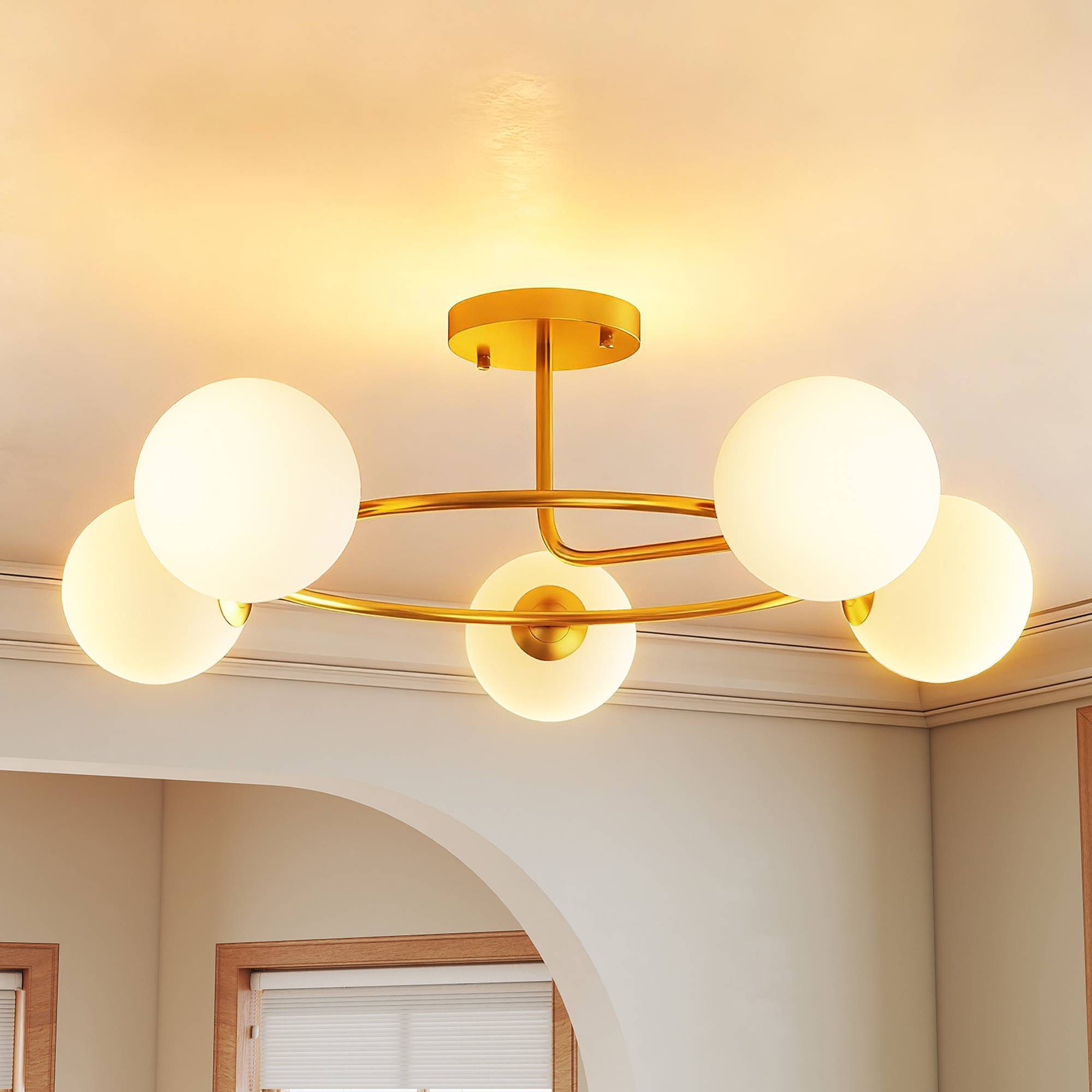 Sans Marque - Plafonnier lustre moderne luminaire plafonnier 5 lumières culot G9 montage semi-affleurant doré blanc - Image 1