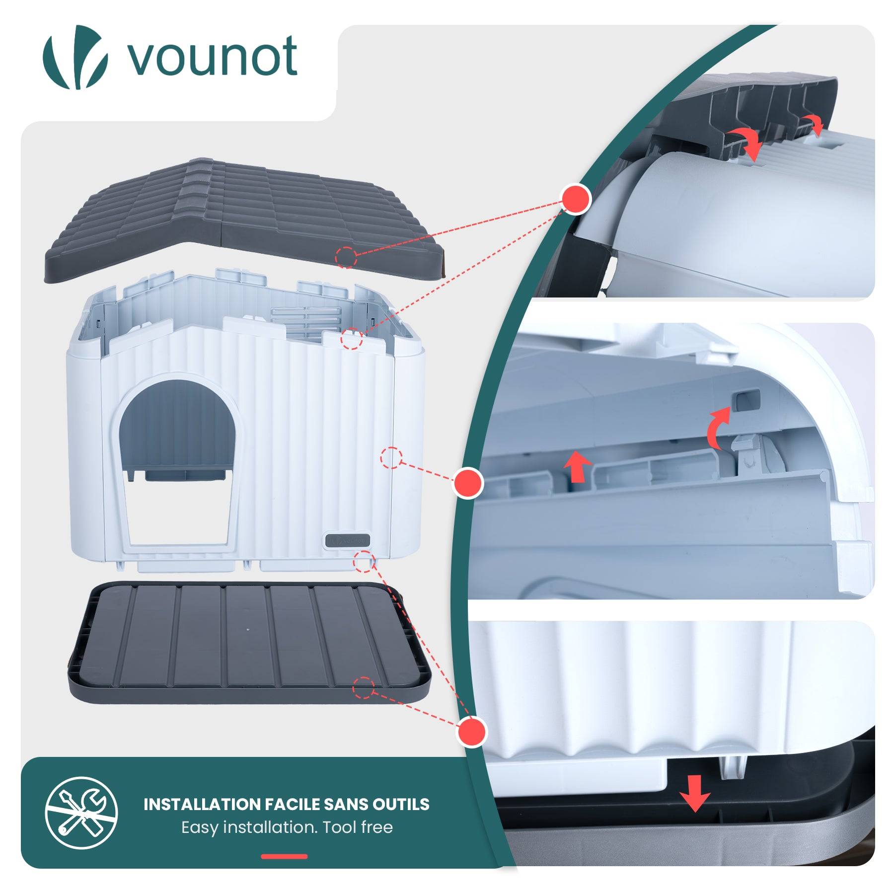 Maison pour chat chien niche en plastique imperméable 60x51x41cm blanc - Toit incliné amovible - Extérieur et intérieur - VOUNOT® - Image 7