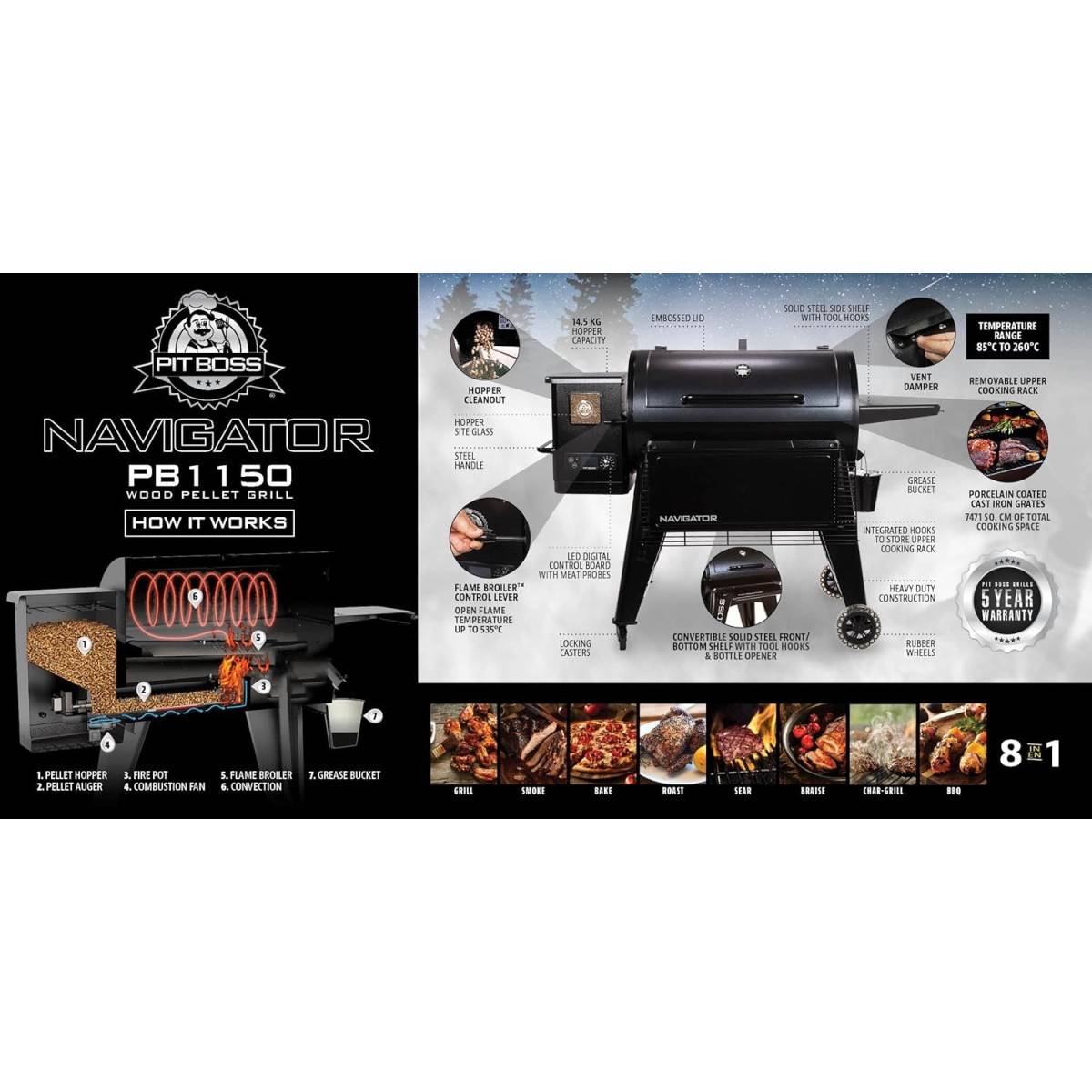 Barbecue à Pellets Grill et Fumoir Ecran LCD Surface de cuisson 90x50 cm 8 cuissons Navigator 1150 PIT BOSS - Imagen 8