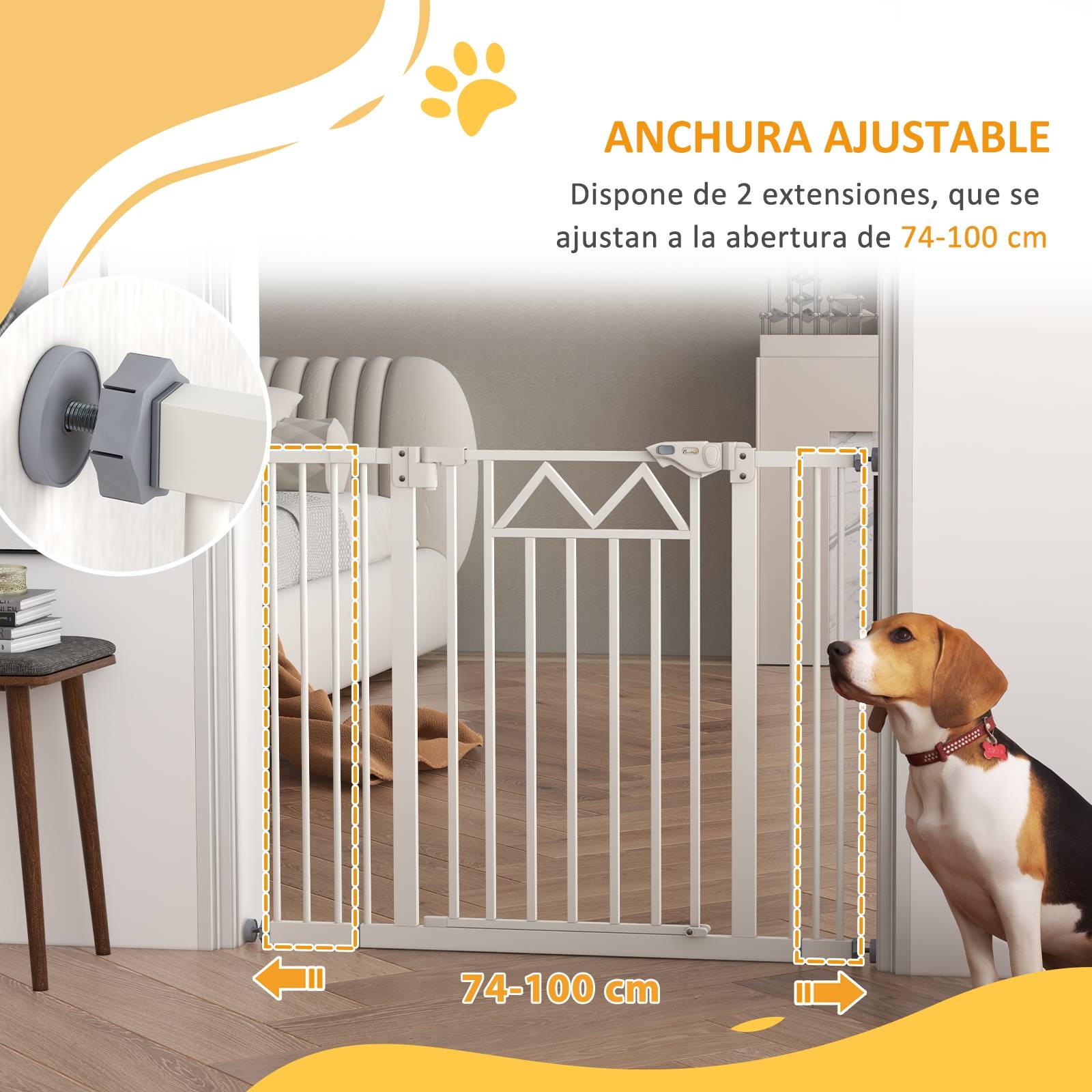 Barrière extensible pour chien avec fermeture automatique et double verrouillage 74-100 x 76 cm Blanche - Image 9